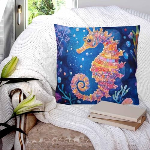 16x16 Pillow Covers Set of 2, Coastal Seahorse Square Throw Pillow