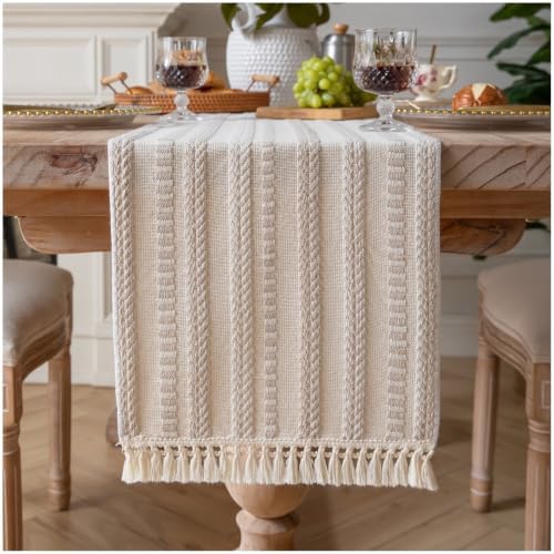 Caflife Light Khaki and Beige Woven Rustic Boho Table Runner 60 Inchs