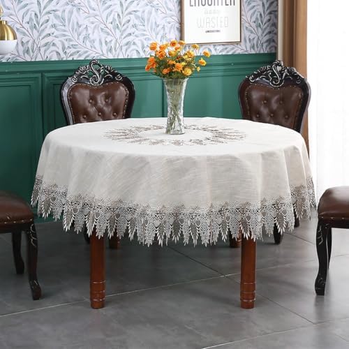 Beydodo Linen Table Cloth Round Cover 70 inch, Solid Color with Lace