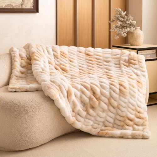 YUSOKI 1000GSM Bubble Faux Rabbit Fur Throw Blanket, Taupe Tie-Dye