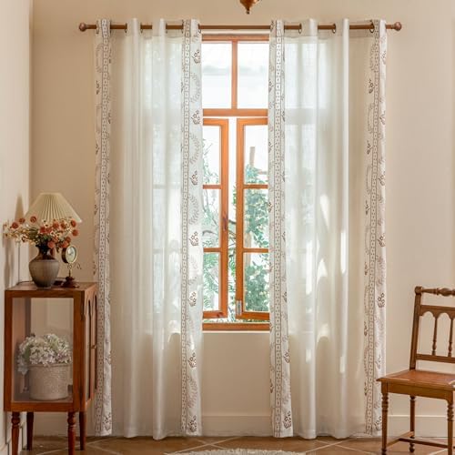 Linen Curtains 95 Inch Brown Floral Drapes Back Tab 2 Panels