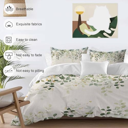 Sage Green Bedding 3 Piece Duvet Cover Set Queen Size, Eucalyptus
