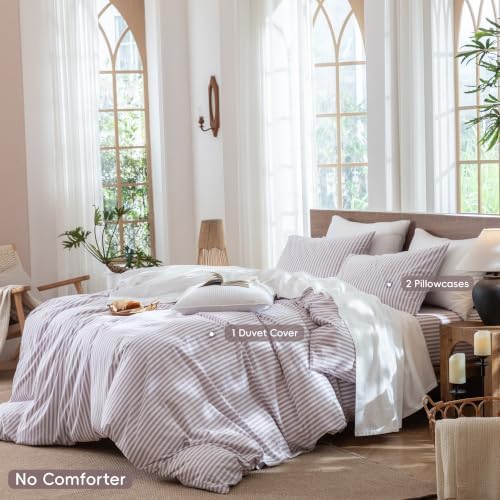 MooMee Striped Duvet Cover Set 100% Washed Cotton Linen Like Queen