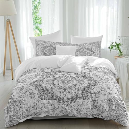 Grey Boho Bedding 3 Piece Duvet Cover Set Full Size, Middle Cuntury