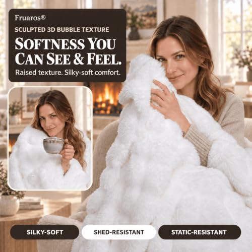 Double-Sided Ultra-Soft Faux Fur Bubble Throw Blanket,Cream