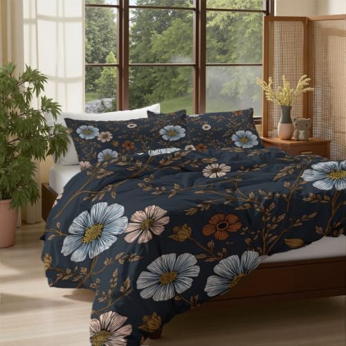 Charcoal Gray Retro Floral Vines King Duvet Cover Set Microfiber