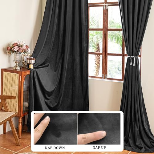 YOFUN Black Back Tab Velvet Blackout Curtains W52xL120, 2Pcs