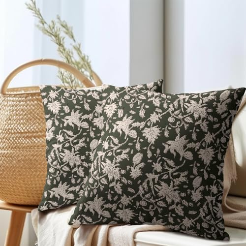 Olive Green Floral Block Print Throw Pillow Covers 22x22 Inch Set of 2