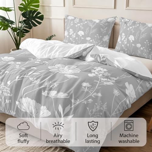 3 Pieces Bedding Set Queen Size, Grey Wildflowers Soft Duvet Covers