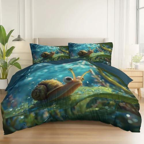 Duvet Cover Set King, 3pc Reversible Nature Animals Snails Printed