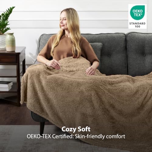 Cozy Chenille Sherpa Throw Blanket, Light Brown, 108" x 90"