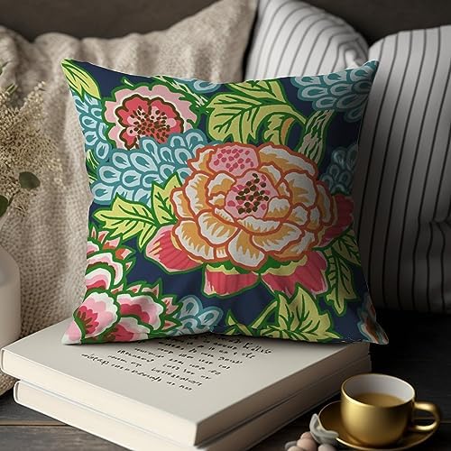 Chinoiserie Throw Pillow Cushion Teal Navy Peony Floral Pillow Cover