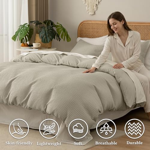 David's Home Textured Waffle Weave Duvet Cover Set, Twin Size, Taupe
