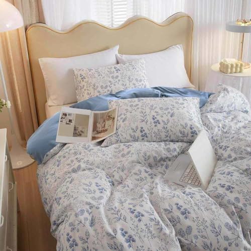 Nanko Floral Duvet Cover Set King Size, Blue and White Flower Leaf