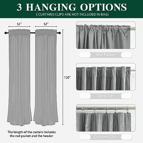MUMFAS 120 inch Light Grey Velvet Blackout Curtains for Living Room