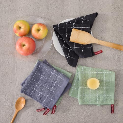 Egles 6 Pack Checkered Kitchen Towels, 100% Cotton, 12 x 12 Inch, Grey