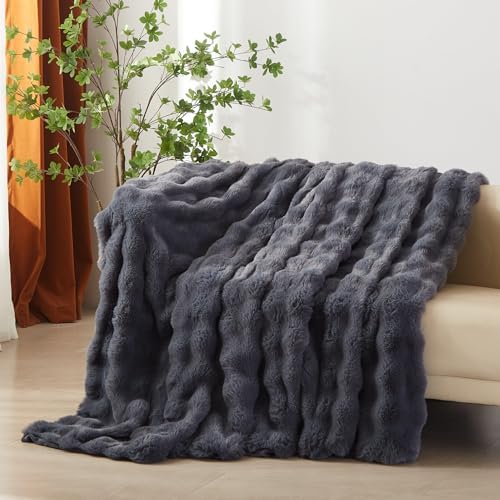Gray Faux Rabbit Fur Bubble Throw Blanket 60 x 80 in