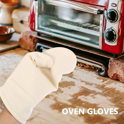 Beige Cotton Silicone Oven Mitts Pair for Baking and Cooking