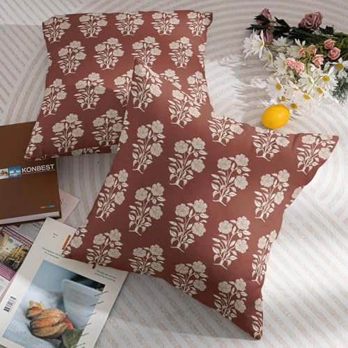 Rust Red Floral Pillow Covers 18x18 Set of 2 Block Print Cream Vintage