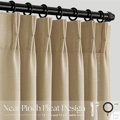 Tan Pinch Pleated Linen Curtains 84 inches Long 2 Panel Set for Living