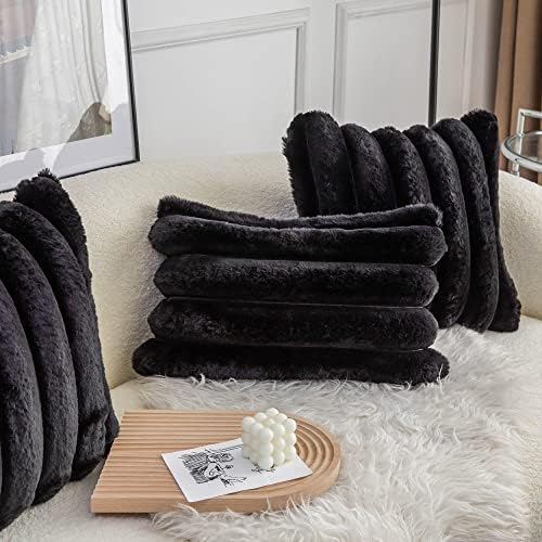 Neelvin Black Faux Fur Cozy Soft Striped Decorative Throw Pillow