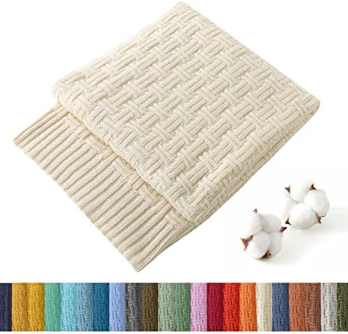 TREELY 100% Cotton Knitted Throw Blanket 50 x 60 Inches, Ivory White