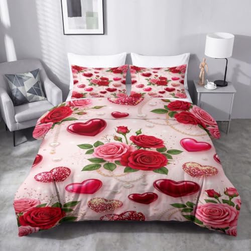 King Duvet Cover Set Soft Microfiber Valentine's Day Roses