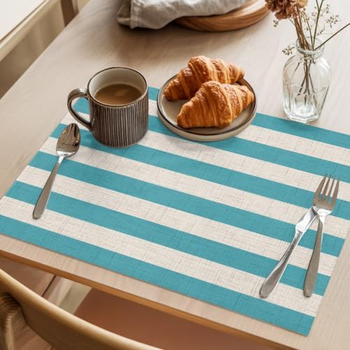 Aqua Beige Striped Placemats Set of 6, Cotton Linen Fabric Place Mats