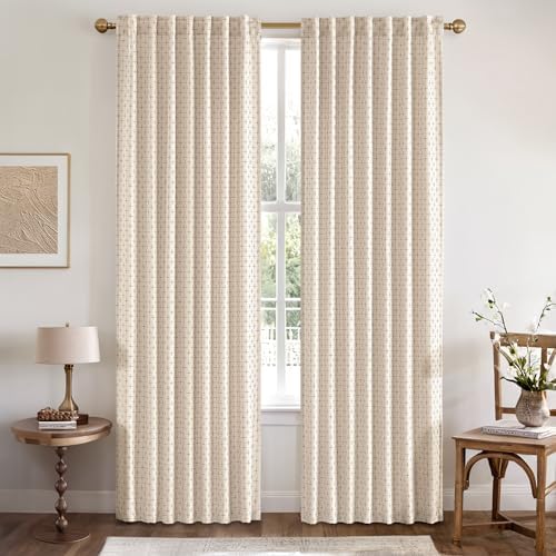 MIULEE Patterned Farmhouse Linen Curtains, Back Tab, 52Wx96L, Beige