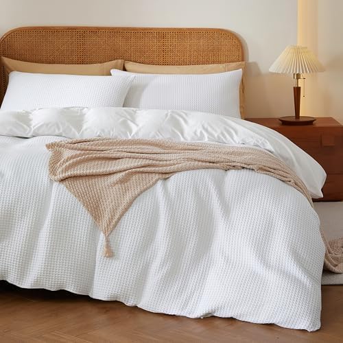 2Pcs 100% Egyptian Cotton Waffle Duvet Cover Set Twin 68 x 90, White