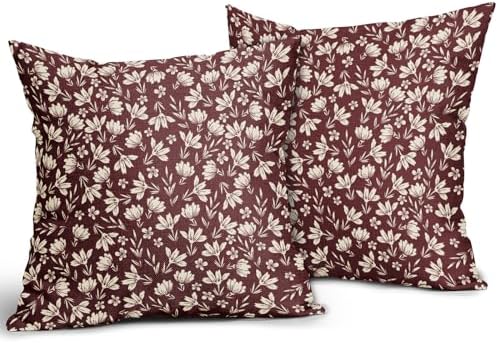 Burgundy Pillow Covers 18x18 Set of 2 Vintage Floral Rustic Old Style