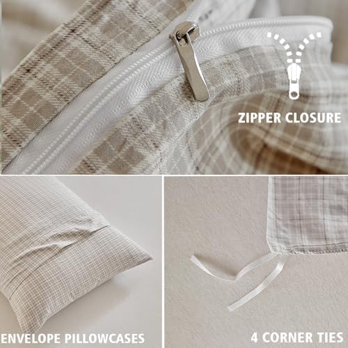 DuShow Grid Queen Duvet Cover Set - Taupe Plaid Checkered Washed