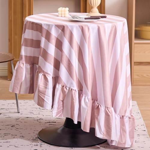 Beige and Khaki Striped Round Tablecloth 70 Inch Boho Ruffle Velvet