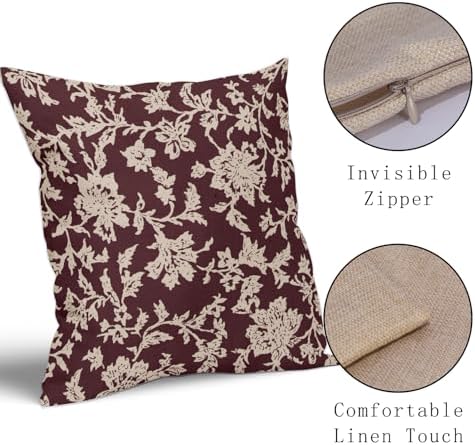 Burgundy Red Floral Pillow Covers 18x18 Set of 2 Brown Cream Vintage