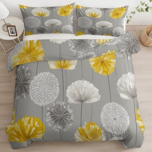 Grey Duvet Cover Set King 3PCS Bedding Set Plant Dandelion Minimalism