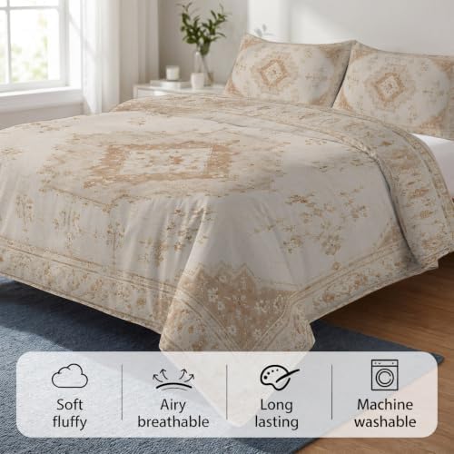 Beige Retro Art Boho Duvet Cover Set 3 Pieces with Zipper Closure