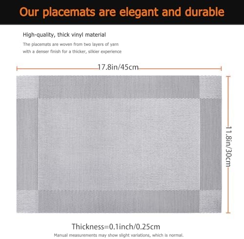 Silver Grey Vinyl Placemats Set of 8, Heat Resistant Table Placemats