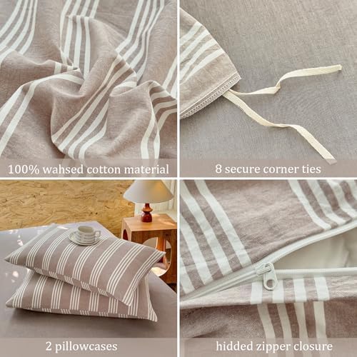 Striped Duvet Cover Set 100% Washed Cotton Linen Like Super Soft Chic
