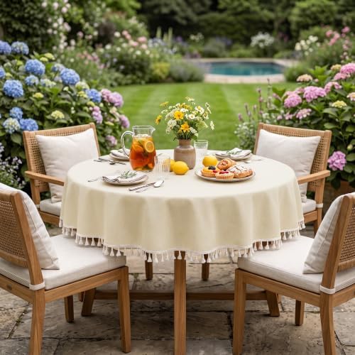 JIUZHEN Waterproof Linen Round Tablecloth with Beige Tassels