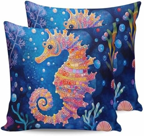 16x16 Pillow Covers Set of 2, Coastal Seahorse Square Throw Pillow