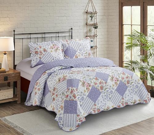 Brilliant Sunshine Rose Violet Patchwork Quilt Set, Full/Queen Size