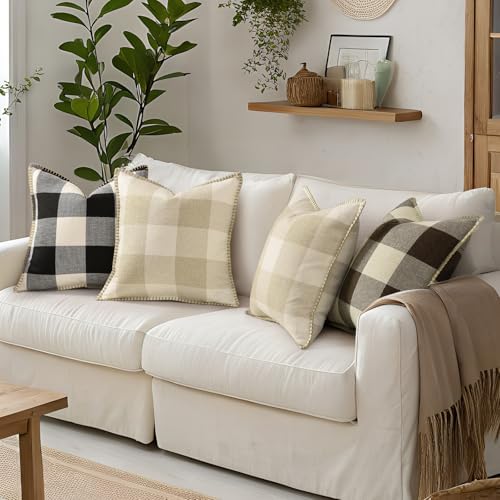 decorUhome Fall Plaid Linen Throw Pillow Covers 22x22 Set of 2 Black