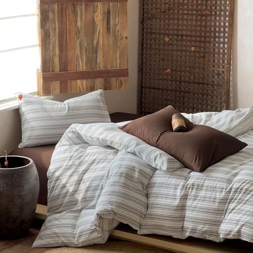 Striped Duvet Cover Set King Size 3PCS 100% Washed Cotton Minimalist