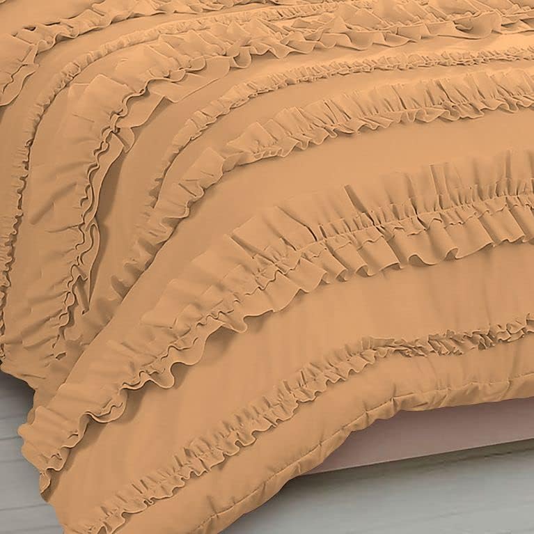 3 Piece Full Ruffles Layers Duvet Cover Set with Zipper Closure, 100%