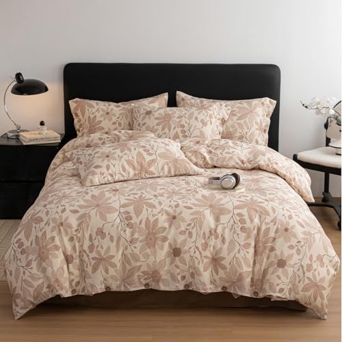 HighBuy Linen Duvet Cover Queen Size Tan Brown Leaf Duvet Cover Set