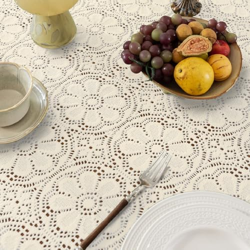 Boho Crochet Cotton Lace Tablecloth Rectangle 52 x 70 Inch Beige