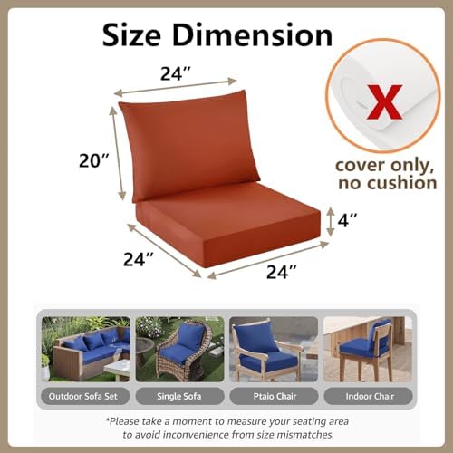 Outdoor Seat Cushion Cover Set of 4, 24 x 24 x 4 Inch, Spice
