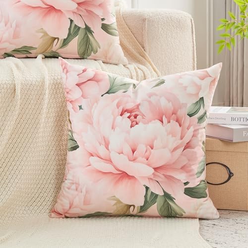 Pink Peony Velvet Pillow Covers 20x20 Set of 2, Shabby Chic