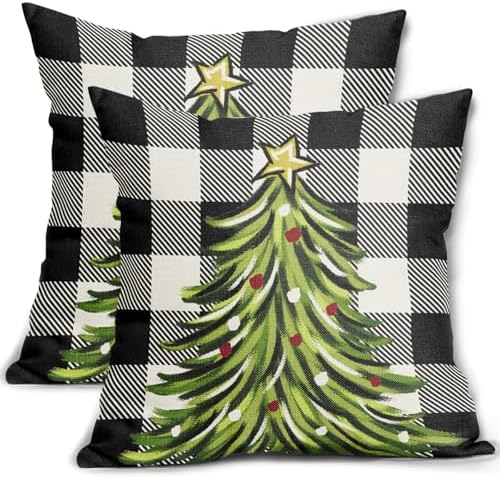 Black Christmas Plaid Pillow Covers 22x22 Inch Set of 2 Xmas Tree