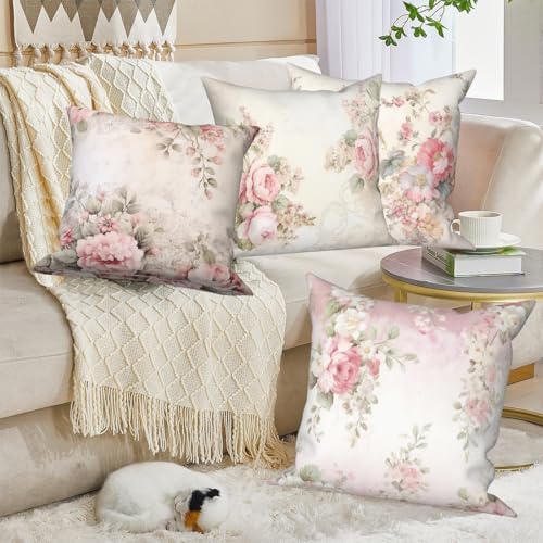 Floral Pillow Covers Poppy Rose Flower Vintage 20x20 Set of 4